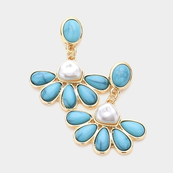 NEW Floral Abstract Turquoise Stone Pearl Embellished Small Dangle Earrings - Picture 1 of 7